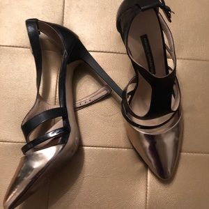 Gold and Black Strappy Pointed Toe Heels